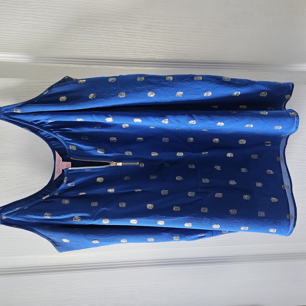 Blue Sleeveless Top with Gold Polka Dots